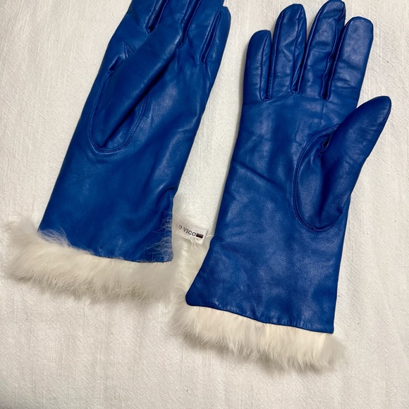 NWOT Women’s Vintage Paolo Vico Cobalt Blue Genuine Leather and Fur Gloves - Picture 2 of 9